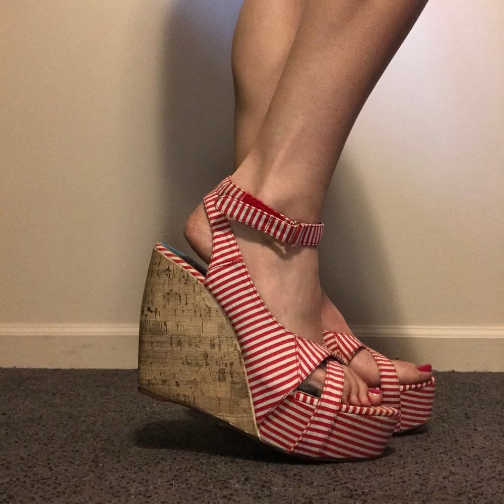 Red and White Striped Platform Wedges